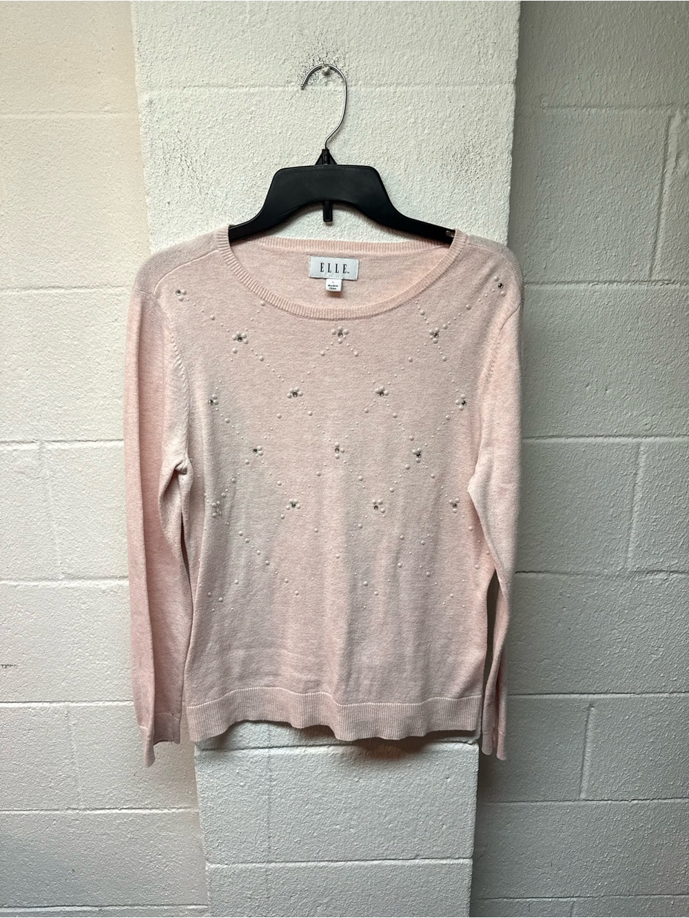 ELLE Light Pink Pearl-Embellished Crewneck Sweater